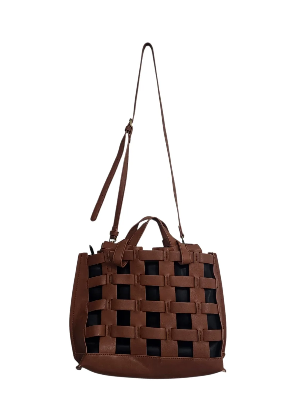 Anthropologie Rio Tote Bag in Brown Woven Cage with Black inner pouch crossbody